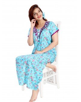 High quality Pure Cotton Floral Print Long Nighty - Sky Blue